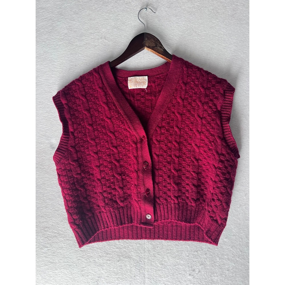 Vintage Pendleton Wool Cable Knit Cardigan Sweater Vest Red XL Made in USA